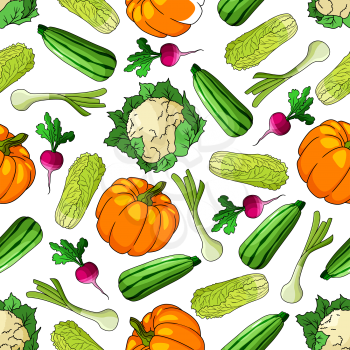 Ripe farm vegetables seamless pattern of zucchini and leek, pumpkin and chinese cabbage, cauliflower and radish vegetables. For agriculture theme or recipe book design usage