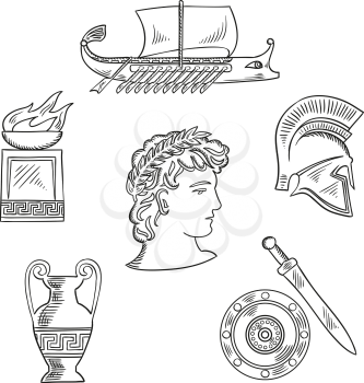 Historical and cultural symbols of ancient Greece with emperor in laurel wreath, surrounded by sketches of amphora and soldier helmet, shield and sword, fire pit bowl and warship galley
