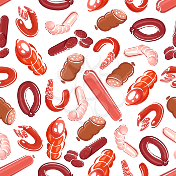 Delicious meat sausages and salami seamless pattern design with background of smoked salami and pepperoni sausages, bologna and blood sausages rings. Butcher shop, livestock farming, market themes