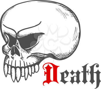 Terrifying monster skull sketch of gray cracked skull without lower jaw. For tattoo, religious or gothic style element