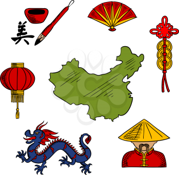 Chinese sketched icons with blue dragon and red paper lantern, folding fan and chinaman in bamboo hat, hieroglyph and coins with map of China. China travel and oriental culture design elements