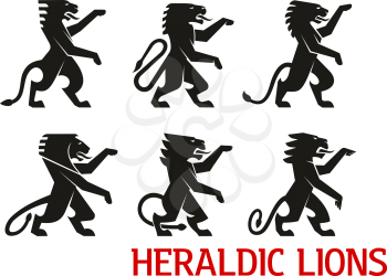 Medieval heraldic lion symbols with black silhouettes of standing lions with raised forepaws. Heraldry theme, coat of arms or vintage embellishment design