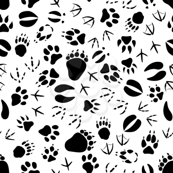 Black tracks of animals and birds seamless pattern over white background. Nature or wildlife theme or scrapbook page backdrop design