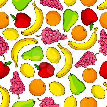 Tropical fruits seamless pattern with banana and oranges, lemon and red apple, violet grape and green pear fruits  on white background. Kitchen interior, dessert and textile print themes design