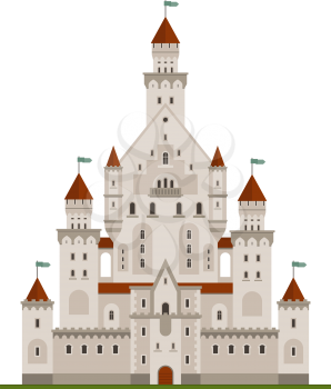 Fairytale royal castle or palace building with various windows, towers and turrets with battlements and flags. Children book, adventure, medieval history themes design