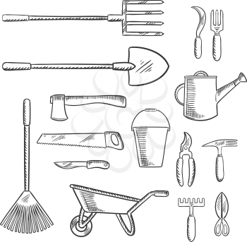 Gardening or agricultural tools with axe and saw, shovel and bucket, pitchfork and rake, wheelbarrow and watering can, knife and  cultivator, scissors, shears and sickle. Agriculture, gardening themes