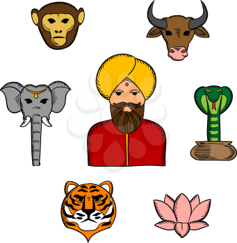 National symbols of India with elephant and cow, cobra and tiger, lotus flower and monkey with indian man in national costume and turban. Travel, religion and culture traditions of India theme