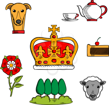 Britain royal crown adorned by heraldic elements with sketches of national symbols of Great Britain such as heraldic tudor rose and tea set, fruitcake and Buckingham park, dog and sheep 