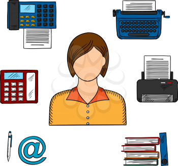 Office worker or secretary profession icons with woman, printer and telephone, fax and typewriter, file folders, pen and email sign
