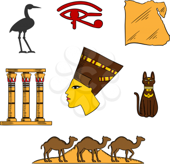 Ancient egyptian queen Nefertiti with map of Egypt, black cat goddess, dessert landscape with pyramids and camels, temple columns, eye of horus and sacred heron symbols