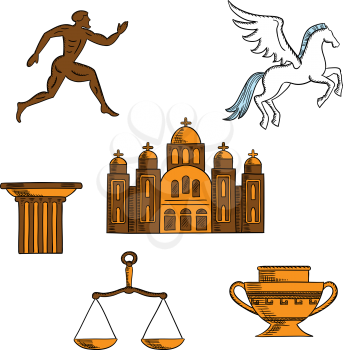 Ancient greek mythology, art, religion and architecture sketches for welcome to Greece concept design with winged horse pegasus, amphora, doric column, sparta runner, scales and orthodox cathedral