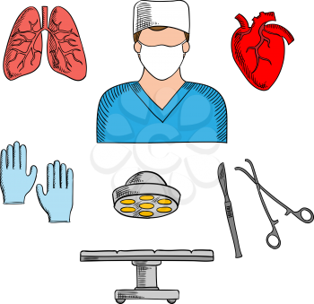 Male surgeon ready to operation icon for medical professions design usage with colorful sketch symbols of human heart and lungs, operation table with lamp, surgical scalpel, gloves and forceps