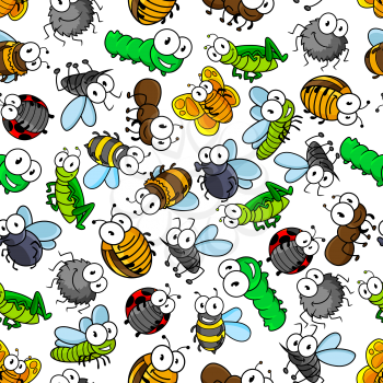 Cartoon insects seamless pattern of bees and butterflies, caterpillars and flies, spiders and ladybugs, mosquitoes and bugs, dragonflies, ants and grasshopper. Childish interior, textile, print design