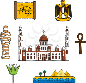 Ancient and modern Egypt symbols for travel design with pharaoh mummy and Giza pyramids, papyrus with hieroglyphics, sacred lotus flower and symbol of life ankh, eagle and Cairo mosque