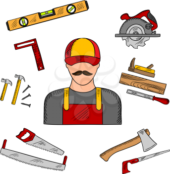 Carpenter profession with tools and equipment icons with hammer and hand saw, axe and circular saw, rasp and jack plane, measuring level and angle ruler. Sketch style