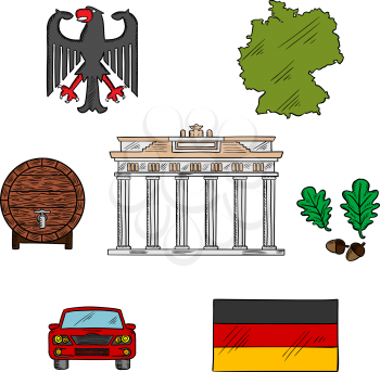 National flag, map of Germany with Brandenburg gate and heraldic black eagle, barrel of beer, car and oak leaves with acorns. For  travel, german culture and lifestyle theme design 