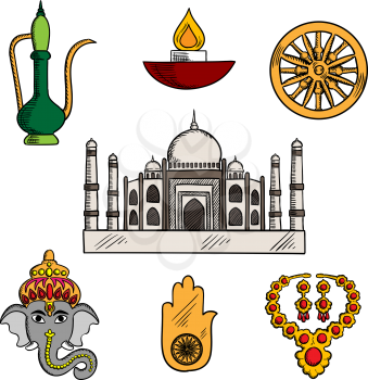 Indian travel,religion and culture icons with Taj Mahal, surrounded by god Ganesha and gold jewelry, diwali lamp and copper teapot, lucky amulet of hamsa hand and ashoka chakra symbols. Sketch style
