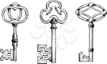 Engraving sketches of medieval keys for security theme, tattoo or victorian stylized embellishment design