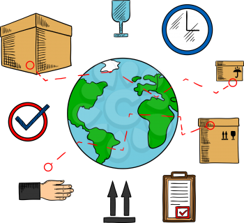 Worldwide shipping and logistics service icons with earth globe and delivery routes, cardboard packages with keep dry, up and fragile symbols, wall clock and clipboard with approved form