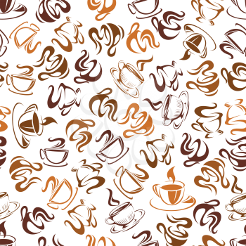 Retro pattern with seamless coffee cups and mugs background in brown colors randomly scattered over white background. Textile, print or cafe interior design