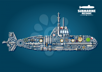 Submarine mechanics scheme with underwater warship composed of weapon and details such as propellers and gears, chains and bearings, sonar and periscope, torpedo and engine order telegraph, portholes,