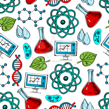 Science, research and genetics seamless colorful pattern of atom and DNA models, computer and flasks, cells and water drops, molecule schemes and green leaves. Science and experiment themes