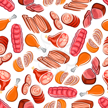 Tasty meat products seamless pattern with sausages and chicken legs, roast beef, spicy meat loaves and cured ham on white background. Butcher shop, menu or kitchen interior accessories theme