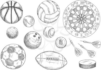 Soccer, american football and basketball, tennis and baseball, volleyball and bowling, billiards and golf games balls with ice hockey puck and darts arrows near target board. Vintage engraving sport i