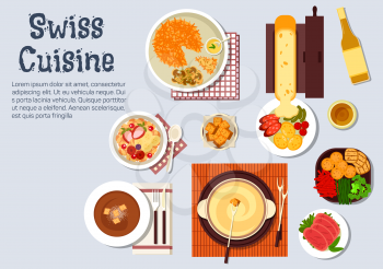 Traditional swiss cheese and chocolate fondue, served with croutons and fresh vegetables, melted cheese raclette with potatoes and sausages, potato fritter rosti and cured lamb, bircher muesli with fr