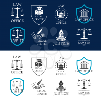 Lawyer and justice, law office and legal center icons with court buildings, scales of justice and law books framed by heraldic shields and stars