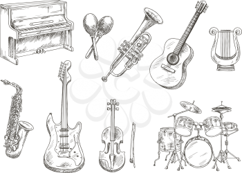 Drum set and piano, saxophone, acoustic and electric guitars, violin and trumpet, ancient greek lyre and wooden maracas engraving sketches