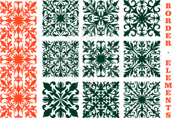 Vintage floral borders design elements with orange and green floral ornaments, composed of flower buds, curved leaves and tendrils. May be use as decoration, embellishment or medieval design