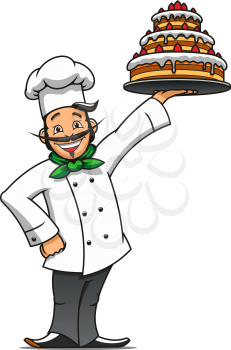 Cartoon french chef presenting the tray with tiered chocolate cake topped with buttercream and fresh berries. Pastry and confectionery shop or restaurant menu themes
