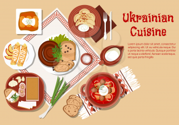 National ukrainian cuisine dishes with borscht served in ceramic pot and sour cream, stuffed cabbage rolls and vegetable dumplings vareniki, topped with fried onion, sausages and fatback, served with 