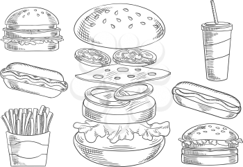 Fast food sketch icons of appetizing cheeseburger with separated layers of fresh tomato and onion, cheese, meat patty and lettuce, surrounded by hot dog and hamburgers, french fries and soda drink. Ta