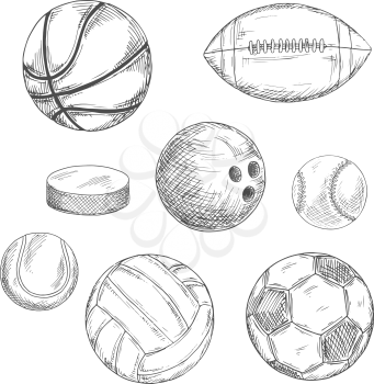 Sports balls and ice hockey puck sketches with american football and soccer, ice hockey and basketball, baseball and volleyball, bowling and tennis balls. Sport team or competition design usage
