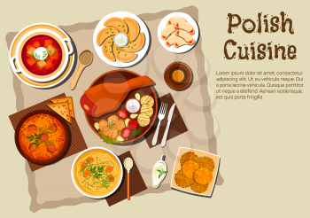 Polish national cuisine dishes with pork leg and grilled vegetables, meat and cabbage stew bigos, noodle chicken soup, vegetarian dumplings pierogi, beet soup, potato pancakes, cookies with jam and bo