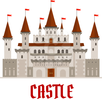 Romantic medieval castle building with gray stone facade in gothic style and variety of turrets topped with red flags. Architecture, history theme or fairytale themes