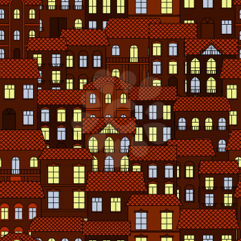 Night european town seamless pattern of old streets and house buildings with ceramic roofs and shining windows. Travel, real estate background or wallpaper themes design
