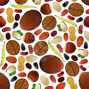Nuts, seeds and beans seamless pattern with walnuts and almonds, coffee beans and peanuts, hazelnuts and pistachios, sunflower and pumpkin seeds, common beans and coconuts. Agriculture and healthy foo