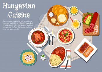 Traditional hungarian cuisine fried bread langos with sour cream and cheese, served with winter salami, egg noodles with cheese and meat stew, spicy fish soup with hot paprika pepper, vegetable salad 