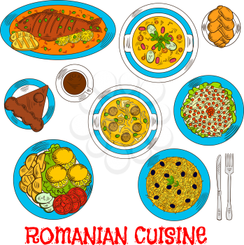 Romanian cuisine elements with whole fish and grilled corn mamaliga, meatball and vegetarian bean soup, fried potatoes with fresh vegetables and lemon, pickled cabbage salad and sweet bread with chees