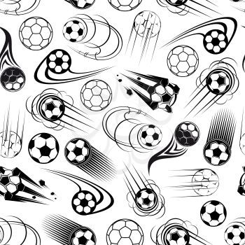 Black and white football or soccer seamless pattern for sports club or competition theme design with speedy flying soccer balls, decorated by cartoon motion trails and flaming elements