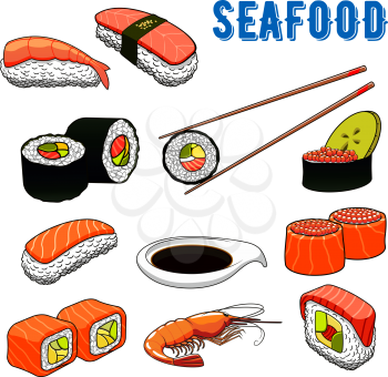 Japanese traditional sushi menu with maki rolls and nigiri sushi with salmon, tuna and bowl of red caviar, prawn, avocado and cucumber, bowl of soy sauce and chopsticks. Japanese seafood cuisine, sush