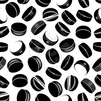 Seamless black rubber ice hockey pucks pattern with shining vertical edges randomly scattered over white background. Sporting competition, sport club or textile print design