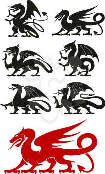 Medieval heraldic dragons black and red icons of powerful mythical beast with open wings and curved tails. Use as heraldic symbol, tattoo or mascot design