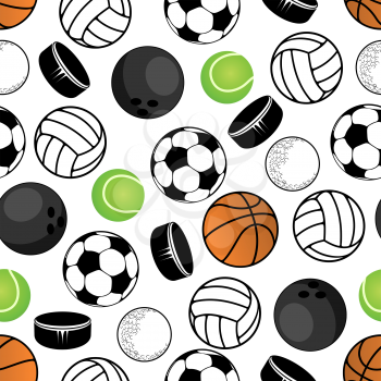 Sports balls and hockey pucks seamless pattern with colorful background of soccer or football, volleyball and tennis, basketball and golf, bowling and ice hockey pucks. Great for sport club interior, 