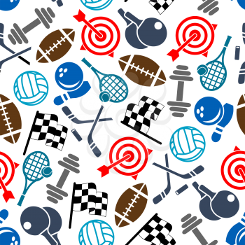 Colorful seamless sport items and equipment pattern of american football and volleyball, tennis and bowling balls, checkered racing flags, ice hockey sticks and pucks, rackets and dumbbells, archery t