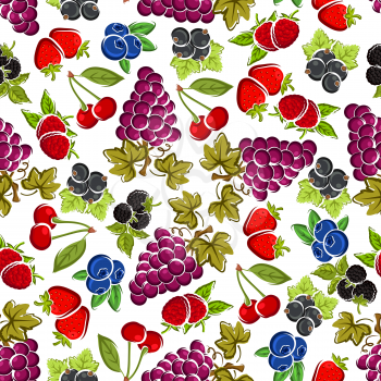 Strawberry and raspberry, violet grape, blackberry and cherry, black currant and blueberry fruits seamless pattern with carved leaves and stems on white background. Organic food, farming, agriculture 