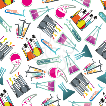 Chemical laboratory theme seamless pattern with test tubes, flasks and beakers filled with colorful liquids with bubbles randomly scattered over white background. Education, science, experiment and re